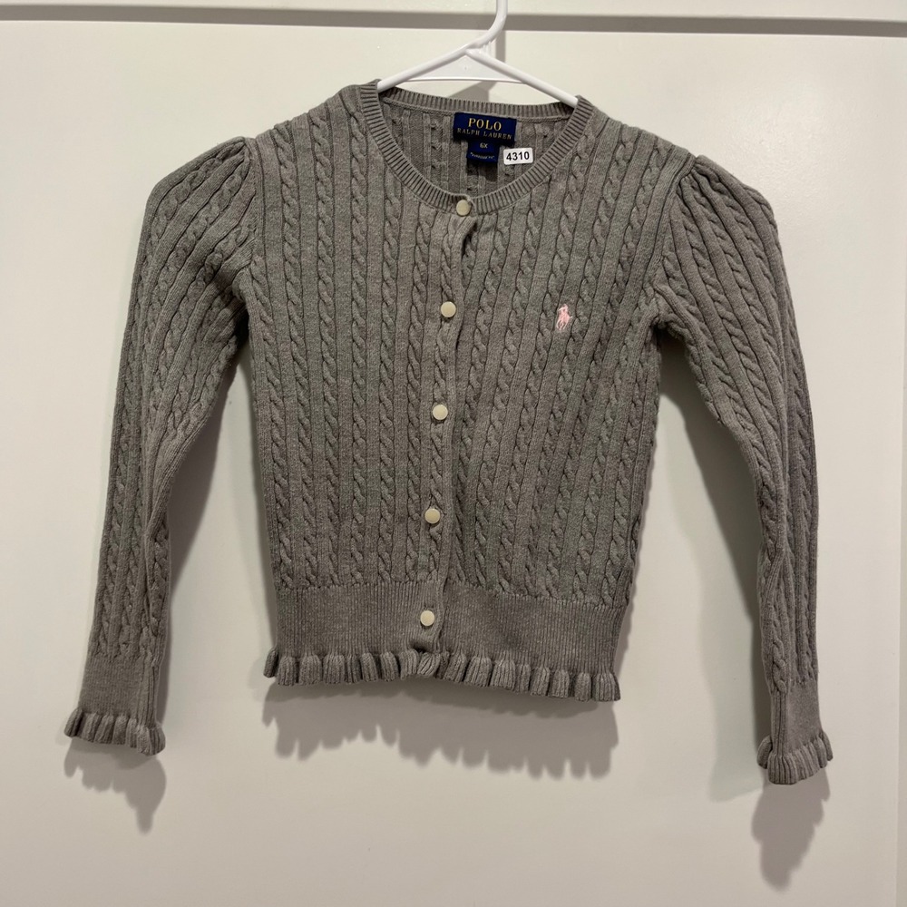 Polo Ralph Lauren Girls Grey Cable Knit Ruffle Cardigan Sweater Size 6X